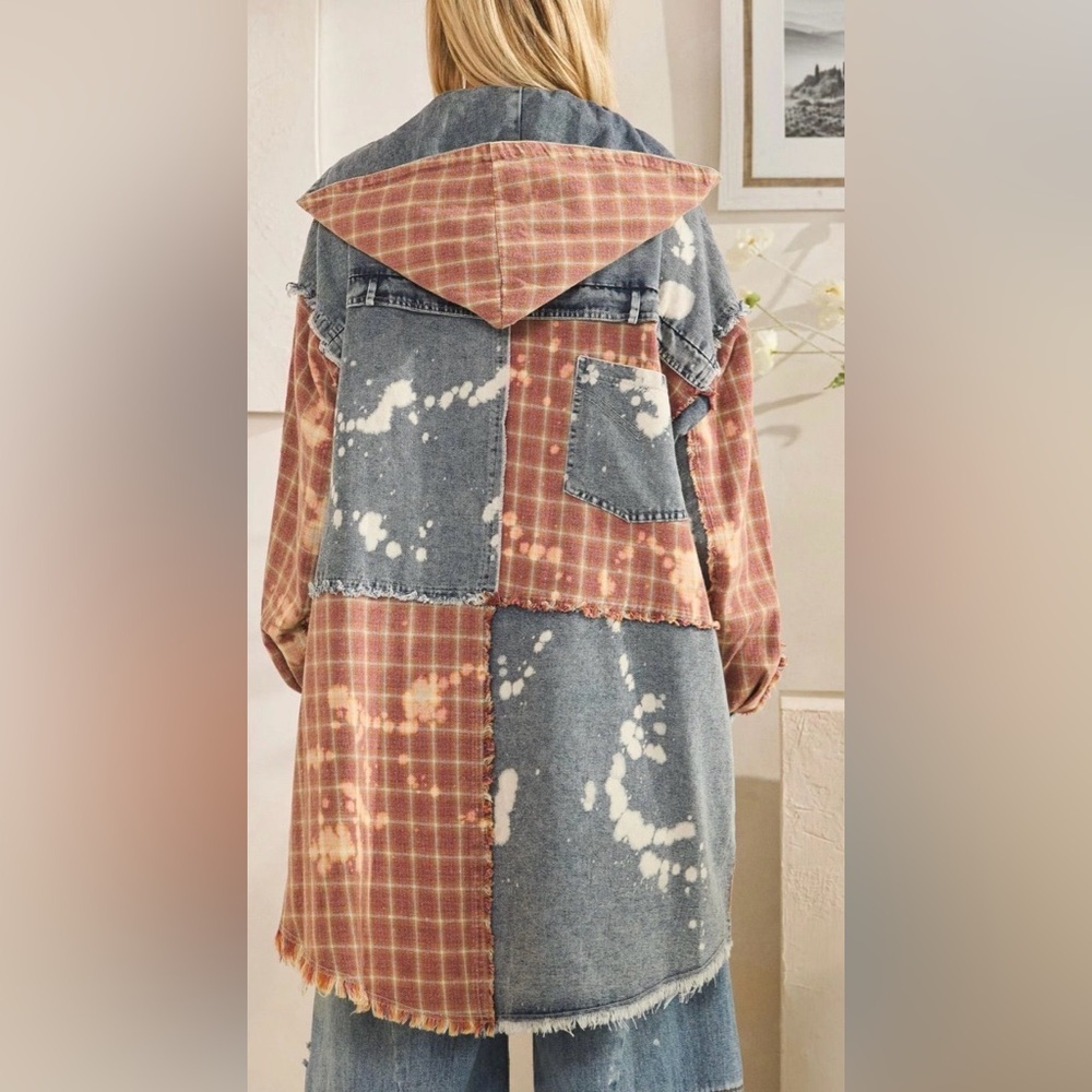 Oli & Hali XL Patchwork Denim Hooded Jacket Frayed Edge Plaid Oversized - Picture 2 of 9